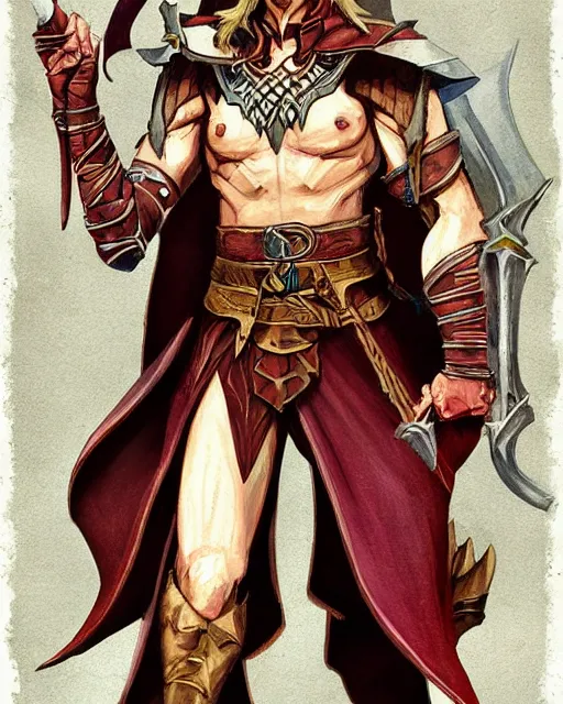 Image similar to full face and body D&D character art illustration of a elven magus fighter, by Wayne Reynolds.