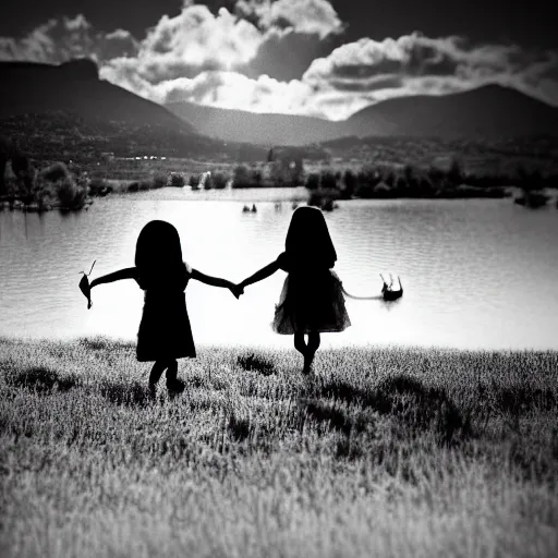 Image similar to sisters silhuette, award winning black and white photography