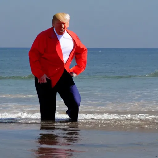 Prompt: Donald Trump at the beach, dipping his toes into the ocean.