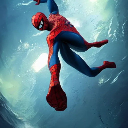 Image similar to spiderman underwater, highly detailed, digital painting, artstation, concept art, smooth, sharp focus, illustration, unreal engine 5, 8 k, art by artgerm and greg rutkowski and alphonse mucha