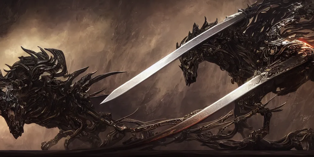 Image similar to legendary cybernetic full long sharp sword lying flat on a glowing table with a black and iridescent sword blade, digital award winning hd matte painting, intimate dark moody, intricate, ornate spikes, colorful gems on hilt, detailed realistic raytraced blade, future golden technological pommel, in the style of greg rutkowski and krenz cushart, deviantart