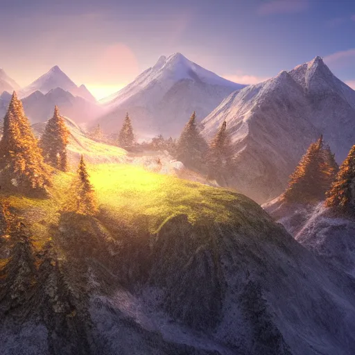 Prompt: mountain scenery, high resolution render, photorealistic, volumetric light