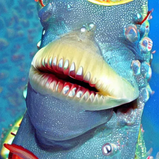 Image similar to A fish with jeweled teeth, the mouth is wide open, inside the mouth is a vegas casino