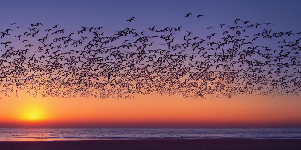 Prompt: at dawn a flock of seagulls takes flight from the beach, early morning light, sunrise, dramatic lighting, cinematic