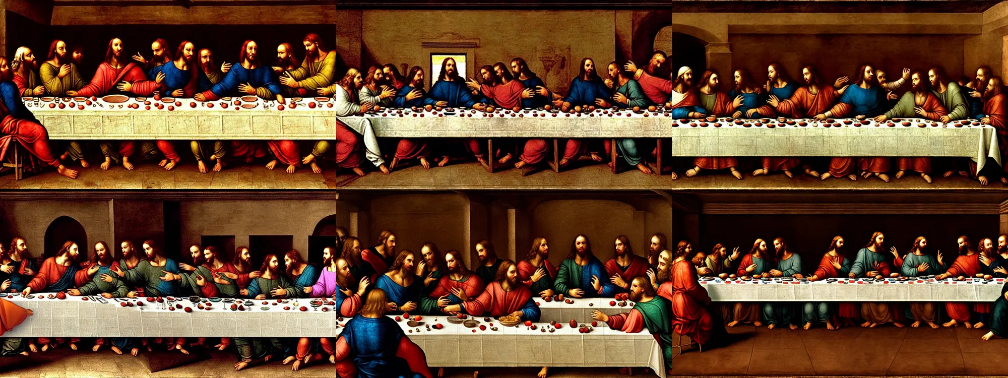 Prompt: Boris Johnson in the last supper by Leonardo, there is a party in the background and face masks on the table