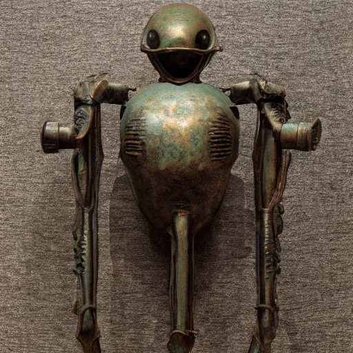 Image similar to a martian artifact in a museum, bronze, old, alien, verdigris, mechanical, gears