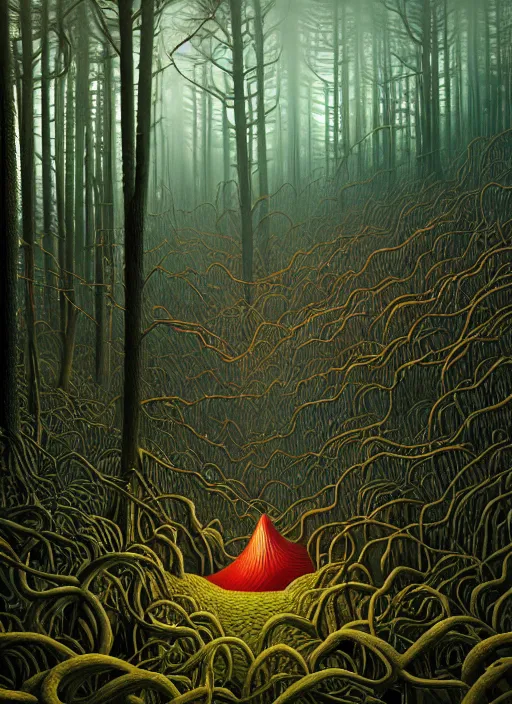 Image similar to hyper detailed 3d render like a Oil painting - the forest of fear by Jacek Yerka, Mariusz Lewandowski, Houdini algorithmic generative render, Abstract brush strokes, Masterpiece, Edward Hopper and James Gilleard, Zdzislaw Beksinski, Mark Ryden, Wolfgang Lettl, hints of Yayoi Kasuma, octane render, 8k