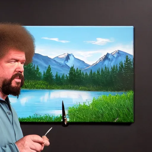 Image similar to a closeup photorealistic photograph of bob ross crafting an image of kenny powers autographing a baseball, painting on a canvas. mountains and trees. film still. brightly lit scene. this 4 k hd image is trending on artstation, featured on behance, well - rendered, extra crisp, features intricate detail, epic composition and the style of unreal engine.