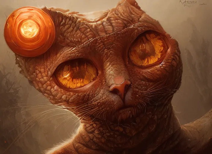 Image similar to giant ginger cat reptile eyes, orange skin. intricate, elegant, highly detailed, centered, digital painting, artstation, concept art, smooth, sharp focus, illustration, artgerm, tomasz alen kopera, peter mohrbacher, donato giancola, joseph christian leyendecker, wlop, frank frazetta