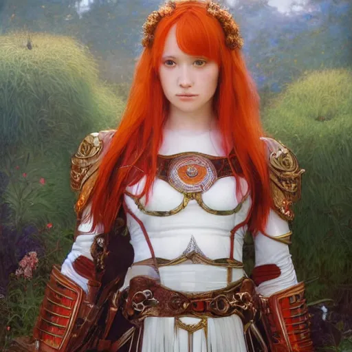 Prompt: Asuna Yuuki, young woman with orange hair wearing a partial paladin armor with a red skirt and white top, face, fantasy, intricate, elegant, highly detailed drawn by Donato Giancola and Tom Bagshaw, face by Artgerm and Edmund Leighton, Alphonse Mucha, background by James Jean and Gustav Klimt, 4k, porcelain skin, komorebi, french nouveau, trending on pixiv, octane render, hyperrealistic