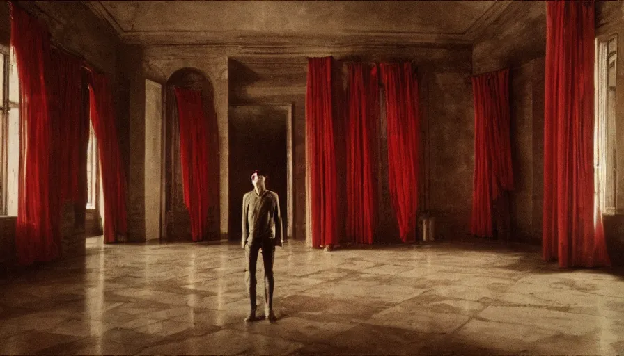 Prompt: 1 9 7 0 s andrei tarkovsky movie still of a man in red drapery in esoteric architecture building, by piranesi, panoramic, ultra wide lens, cinematic light, anamorphic