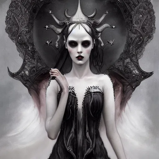 Prompt: By Tom Bagshaw, ultra realist soft painting of curiosities carnival by night, very beautiful horn female long gothic dress thin dark lustrous hair, partial symmetry features, very intricate details, omnious sky, black and white, volumetric light clouds