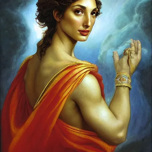 Image similar to Head and shoulders masterpiece oil painting of the beautiful goddess Gal Gadot as hera, she is wearing roman clothes and a surreal jewelry, her hair is natural disheveled, she is approaching heaven over the clouds, naturalism, dramatic lighting, high-detailed oil painting by Ilya Repin, Michelangelo da Caravaggio, William Blake, Alex Grey and Beksinski, trending on Artsation, hystorical painting, naturalism, masterpiece, 4k, 8k,