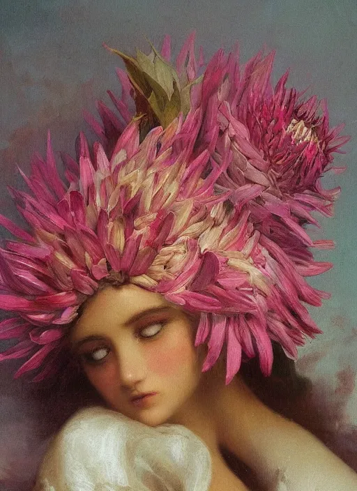 Prompt: stunning mexican godess, detailed pink and white protea head peace against a black backdrop by ivan aivazovsky, wlop, oil painting, beautiful soft lighting, muted colours, artstation