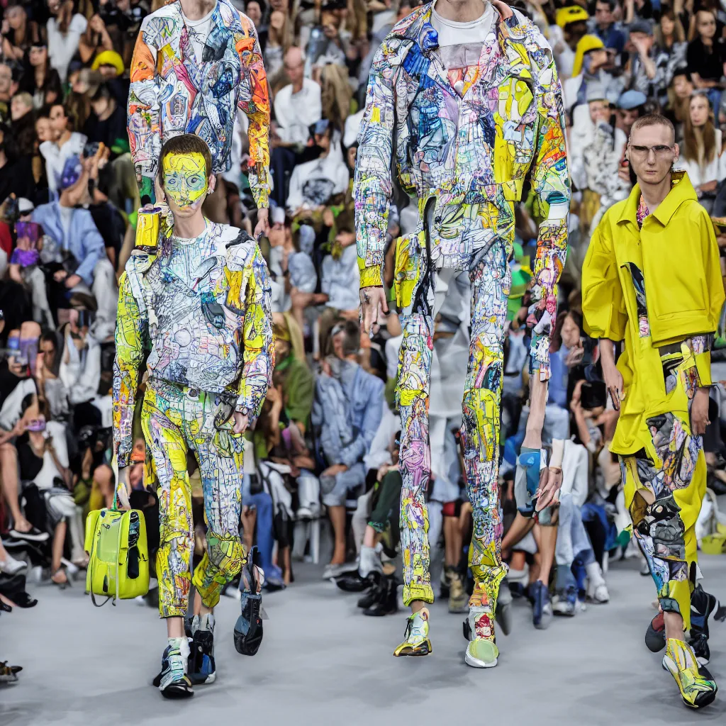 Prompt: hyperrealistic and heavy detailed balenciaga runway show of rick an morty , Leica SL2 50mm, vivid color, high quality, high textured