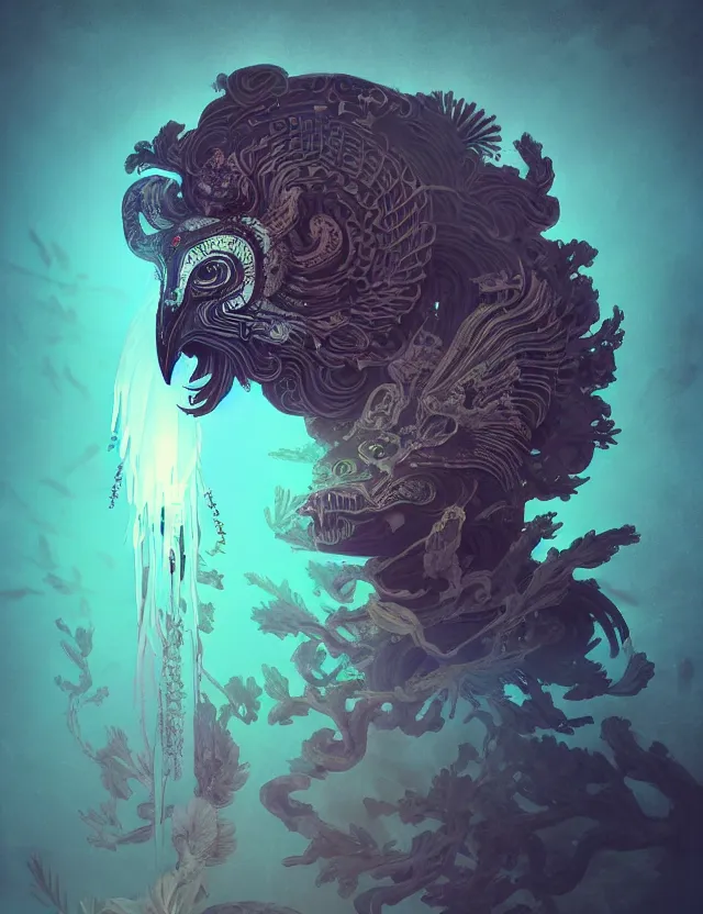 Image similar to 3 d liminal space abandoned temple frontal portrait with ram skull. beautiful intricately detailed japanese crow kitsune mask and clasical japanese kimono. betta fish, jellyfish phoenix, bio luminescent, plasma, ice, water, wind, creature, artwork by tooth wu and wlop and beeple and greg rutkowski