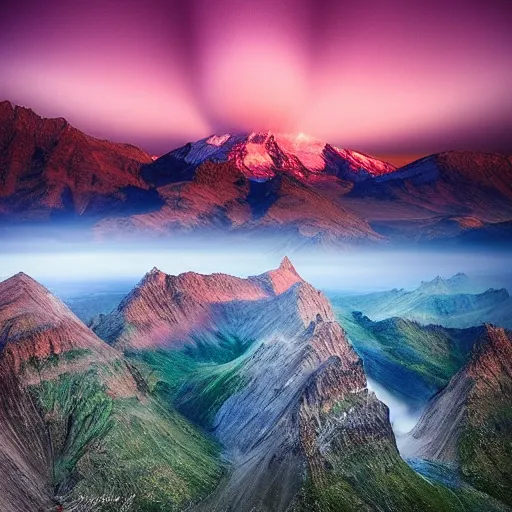 Image similar to amazing landscape photo of mountains in sunset with a purple tornado in the sky by marc adamus, beautiful dramatic lighting