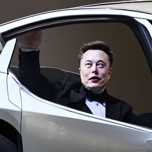 Prompt: Elon Musk waving out the driver's side window of a Rivian