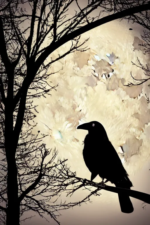 Image similar to close up portrait of a crow on a tree in front of the full big moon, vector graphic, clear lines, intricate, portrait, 8k highly professionally detailed, HDR, CGsociety