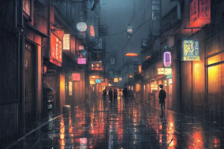 Prompt: a painting of a rain soaked back street in osaka at dusk, neon lights, dark figures walking, digital art, trending on artstation, by studio ghibli and greg rutkowski. spirited away. trending on artstation, hyperrealism, unreal engine