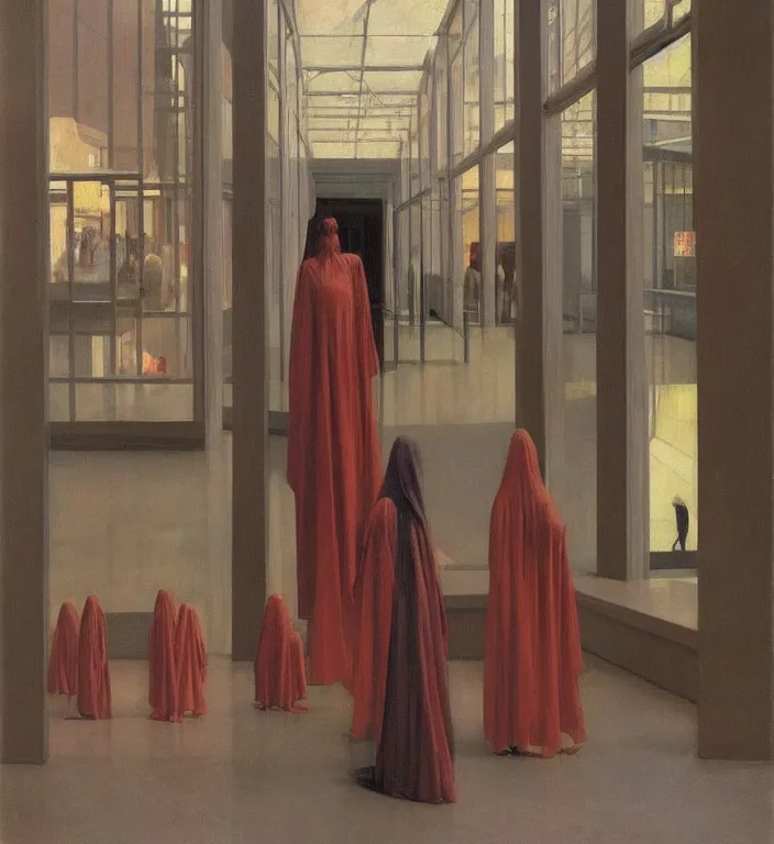 Image similar to magnificent woman in transparent robes, in magnificent shopping mall, oil painting by edward hopper, zdislav beksinski, wayne barlowe