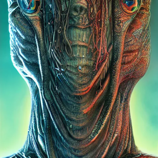 Prompt: realistic extremely detailed photo style portrait painting of a lovecraftian monster, moebius, brom, ian miller, HR Giger, moody vibrant colors, octane render, 4k