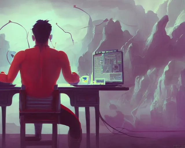 Image similar to an insanely detailed painting of a nerdy asian man wearing a superhero costume, sitting at a desk, staring at the nervously at the computer and typing, in the style of peter mohrbacher, dramatic lighting and composition, surreal background, octane render, pixar, trending on artstation, concept art, comic book, view from behind