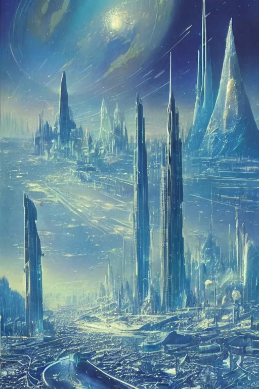 Prompt: a city in an icy landscape, cosmic sky sci - fi vivid by bruce pennington