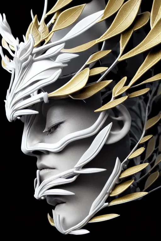 Image similar to monochrome close - up profile face, black background, beautiful young porcelain bio - mechanical vegetal - dragon - cyborg - female, white metallic armour, silver gold details, magnolia leaves and stems, roots, mandelbot fractal, 1 5 0 mm, beautiful natural soft rim light, elegant, hyper real, ultra detailed, octane render, 1 6 k