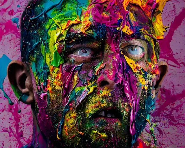 Image similar to abstract expressionist portrait of a head made of very thick impasto paint and acrylic pour and coloured powder explosion and splashing paint and dripping paint and flying paint chunks, eyes closed or not visible, expressing strong emotions, art by antony micallef, motion blur, hyperrealistic, intricate art photography, anatomically correct, realistic crisp textures, 1 6 k