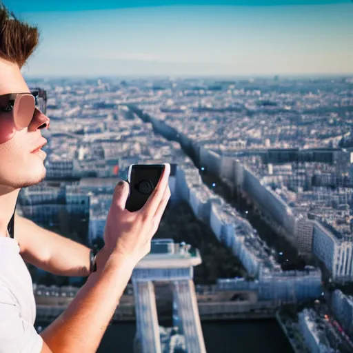 Prompt: a young, russian man taking a selfie on top of the eiffel tower. - cinematic lighting, 8 k, professional photography