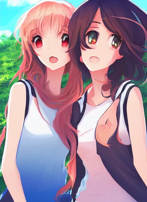 Image similar to two beautiful women under a blue sky, casual summer clothes, gorgeous faces, thick lines, cinematic lighting, detailed anime art