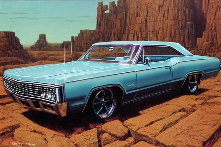 Image similar to intricate, 3 d, 1 9 6 7 impala, style by caspar david friedrich and wayne barlowe and ted nasmith.