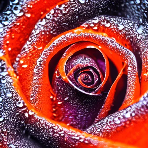 Image similar to award - winning macro of a beautiful black rose made of glowing molten magma