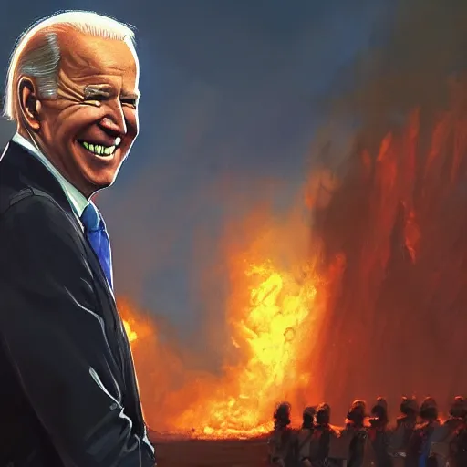 Image similar to joe biden smiling while behind him the world is burning, dramatic lighting, cinematic, establishing shot, extremly high detail, photorealistic, cinematic lighting, artstation, style by James Gurney