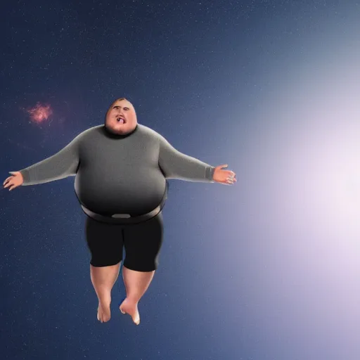 Prompt: some really obese man taking a leap of faith through space, only for his body to rapidly inflate due to lack oxygen