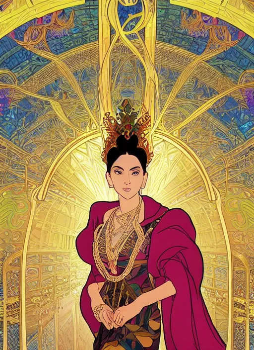 Prompt: well - lit art nouveau portrait of queen sirikrit of thailand, natural lighting, path traced, highly detailed, high quality, cartoon, digital painting, by don bluth and ross tran and studio ghibli and alphonse mucha