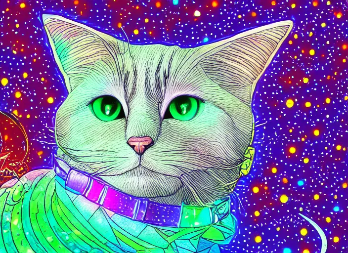 Image similar to coloring book drawing of a cat from a musical sparkly digital space opera, animated film, volumetric lighting, octane render