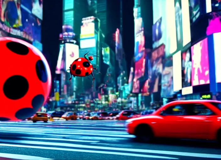 Image similar to film still of a giant ladybug driving a car through time square in a sci - fi movie, 8 k