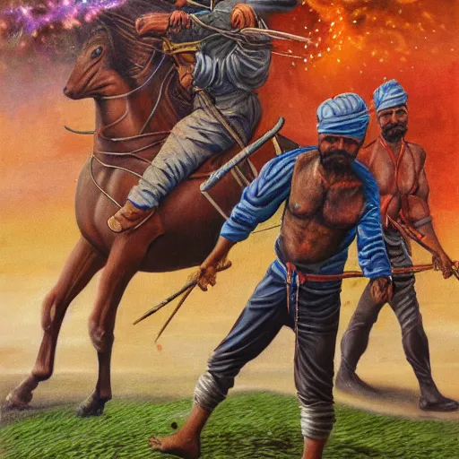 Image similar to portrait of head and body, single bangla farmer fighting on hoseback, hand to hand combat with machete, full body view, long flowing hair, fighting for his life, nebula aura surrounding subject, horseback combat attacker foreground, background of invading army, nestor canavarro hyperrealist art style, sharp outlines