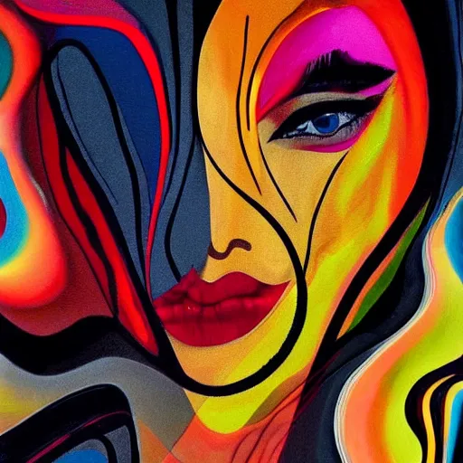 Prompt: abstract art with swirly black liquid acrylic paint and beautiful female face, beautiful color composition, warm colors, black details, sculpture, dark mood