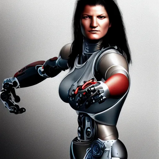 Prompt: beautiful digital painting of gina carano with a robotic cybernetic metallic grey arm, cyberpunk, highly detailed, hyperrealism, concept art, 8 k