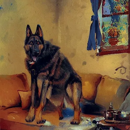 Image similar to a humanoid german shepherd beast - man, sitting and watching a soccer match in his house on television, he has hurt his knee and is a dad, by erin hanson, alexi zaitsev, karl spitzweg, award winning, tv set