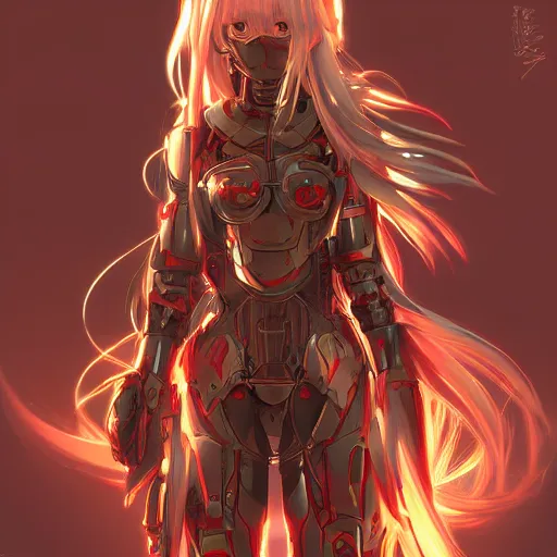 Image similar to cute red armored cyborg - anime girl, long gold hair, yellow eyes, digitally painted by ross draws, extreme high intricate details by wlop, digital anime art, black shadows, stylized shading