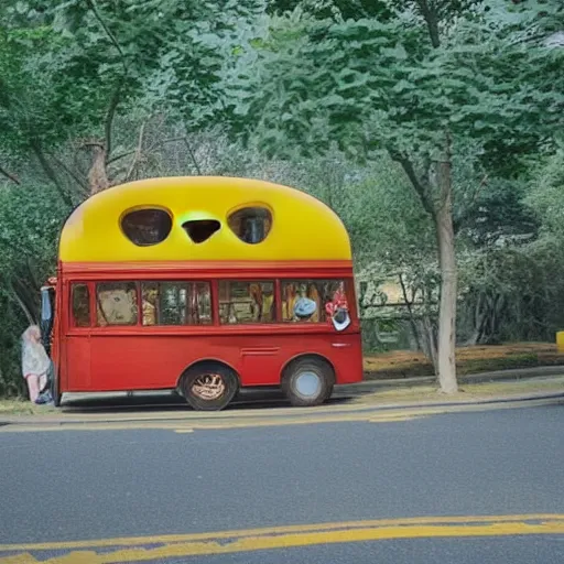 Prompt: a cat with the shape of a bus with twenty short legs and a fluffy short tail, huge yellow eyes and a big grin, rounded windows on his sides, seats on the inside and some passengers, in the style of studio ghibli