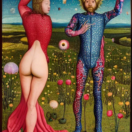 Image similar to a wide landscape with a tattood alien girl with fish scales and feathers swimming with flowers while the stars shine above by jan van eyck, ernst fuchs, nicholas kalmakoff, joep hommerson, character, full body, catsuit, max ernst, hans holbein, lace