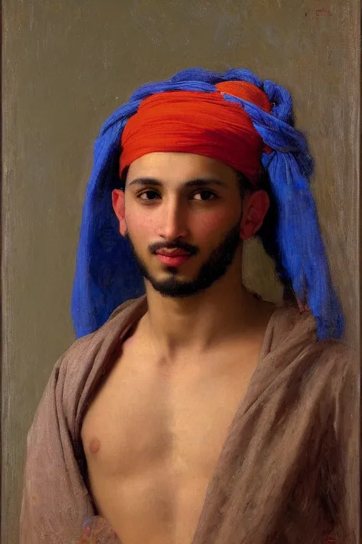 Image similar to Portrait of a young muscular Moroccan man with blue eyes, an earring and a fez hat holding a snake, orientalist, victor Nizovtsev, bouguereau