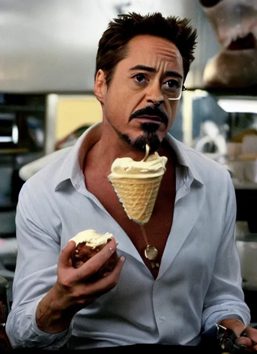 Prompt: a full portrait photo of robert downey jr eating ice cream in movie iron man, f / 2 2, 3 5 mm, 2 7 0 0 k, lighting, perfect faces, award winning photography.