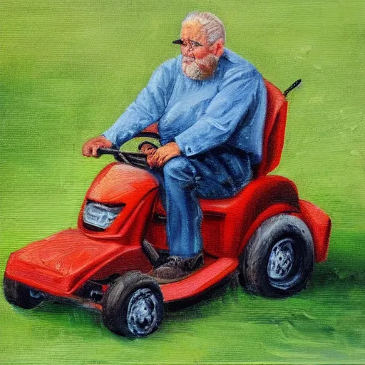 Prompt: an old man sitting on a riding lawn mower in an empty yard, oil painting, sad, perfect face