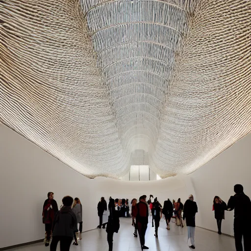 Prompt: a complex cultural centre made of willow woven around thick columns of rope, modern gallery furniture, crowds of people wandering through exhibitions, bright daylight indoor photo, designed by eero saarinen and calatrava, indoor picture, architectural photography